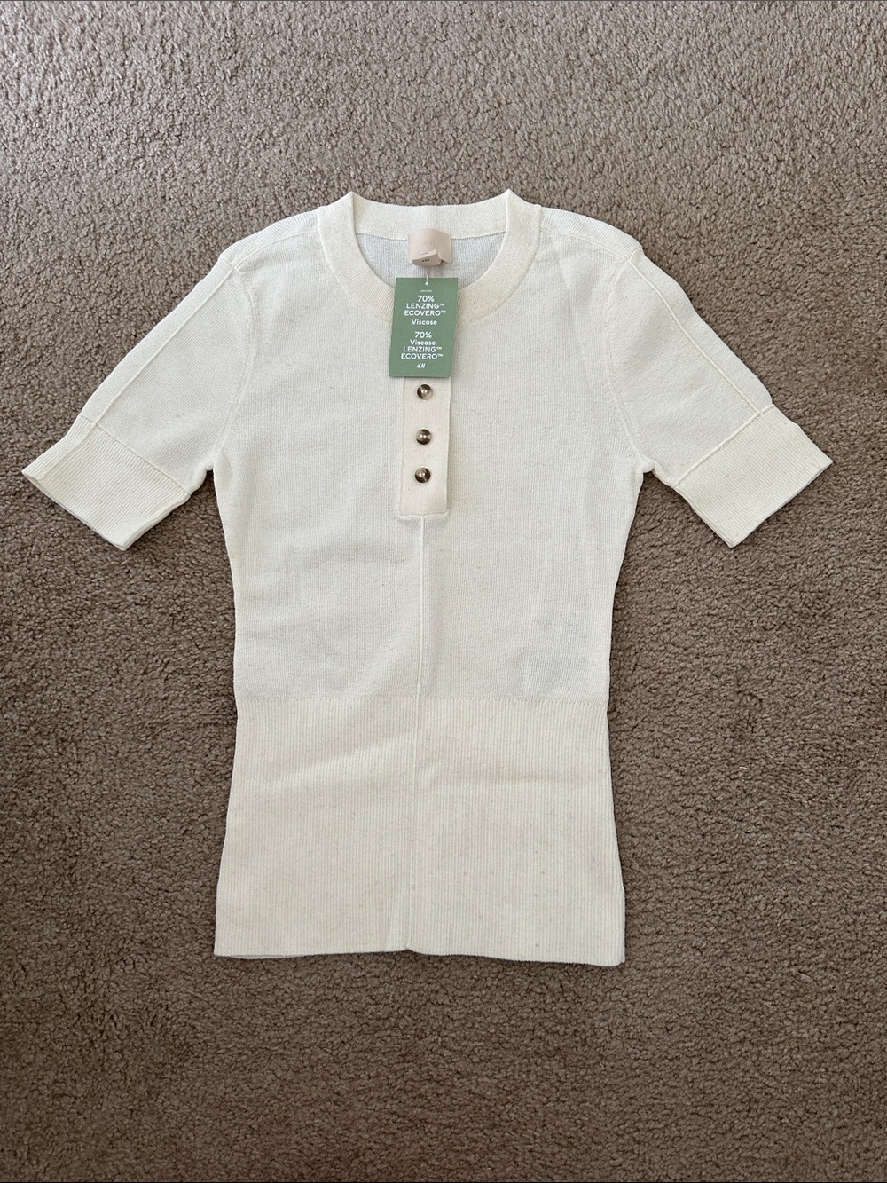 H&M Cream Short-Sleeve Knit Henley Top